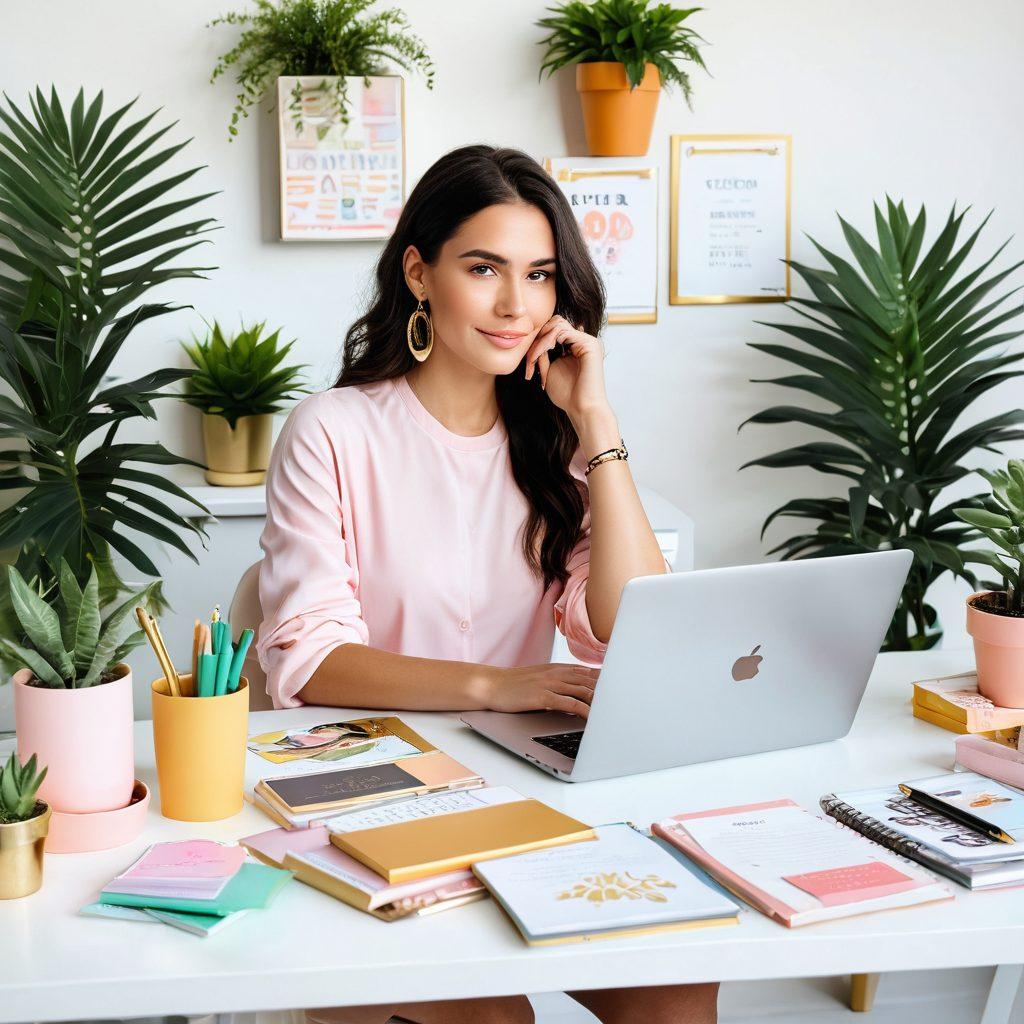 A stylish, modern woman sitting at a chic desk filled with vibrant stationery and a laptop, surrounded by inspiring quotes and plants, engaged in content creation. The scene is bright and energetic, reflecting creativity and empowerment. Soft pastel colors with a touch of gold accents give an elegant touch. super-realistic. vibrant colors. white background.