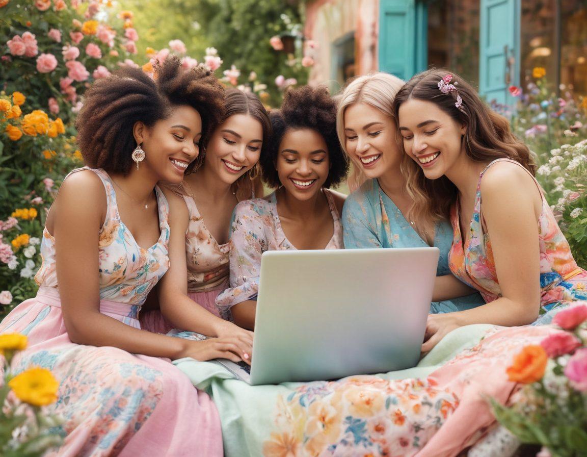 A diverse group of fashionable women embracing each other, smiling and laughing in a beautiful outdoor setting, surrounded by blooming flowers and colorful fabrics, with a laptop open displaying a blog interface in the foreground. The scene embodies friendship, creativity, and community spirit. soft pastels. super-realistic. vibrant colors.